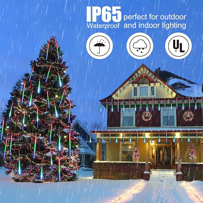 Brightown Meteor Shower Lights Outdoor, 16 Inches 16 Tubes 576 LED Icicle Lights, Waterproof Meteor Christmas Light, Hanging Falling Rain Light for Tree Holiday Party Christmas Decor, Multicolor