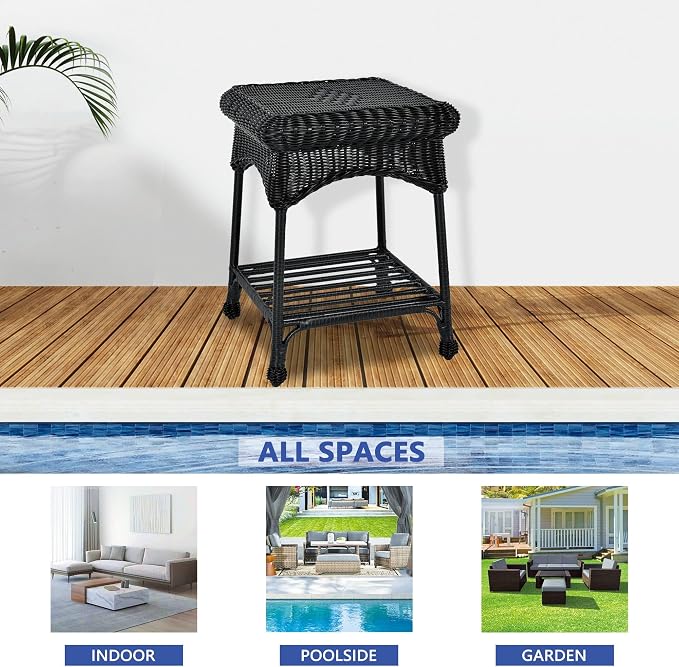 Outdoor Black Wicker End Table