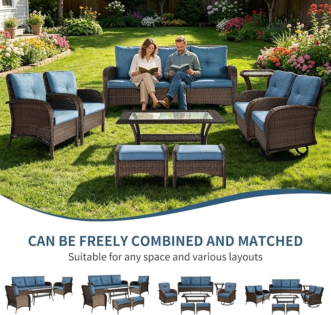 Outdoor Swivel Rocker Patio Chairs (Brown Wicker/Blue Cushion, 9PC/Sofa & Swivel & Chair &2 Table& Ottomans)