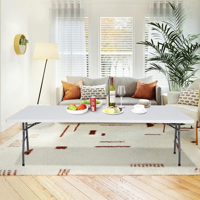 8 FT Folding Table, Fold in Half, Heavy Duty Portable w/Handle Plastic for Picnic Party Camping Dining Indoor Outdoor - Lightweight White