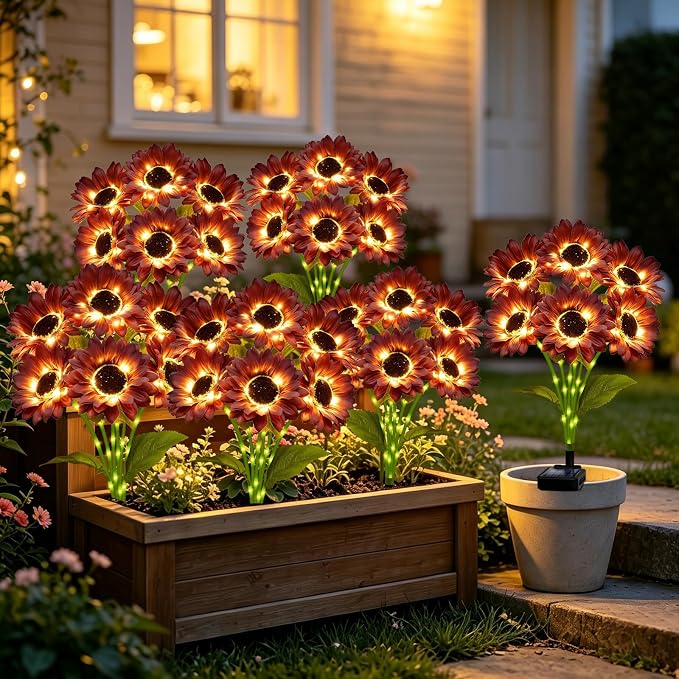 MRHEPHAESTUS Solar Garden Lights Outdoor, 6 Pack Solar Brown Sunflower Lights with 18 Head 3.5 Inch Flowers, Waterproof Flowers Light Fall Decor Auto ON/Off for Garden Yard Patio, Gifts for Mom Women