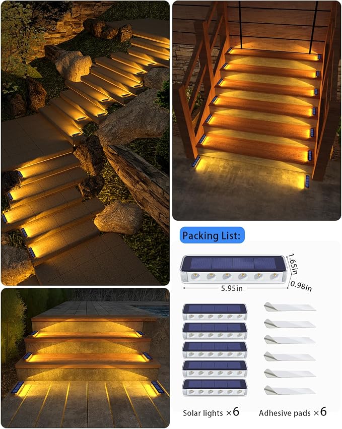 DetarZinLED Solar Step Lights for Outside,6 Pack Solar Stair Lights Outdoor Waterproof,Warm White Deck Light Solar Powered Waterproof for Steps,Stairs,Walkway,Sidewalk,Patio,Pathway