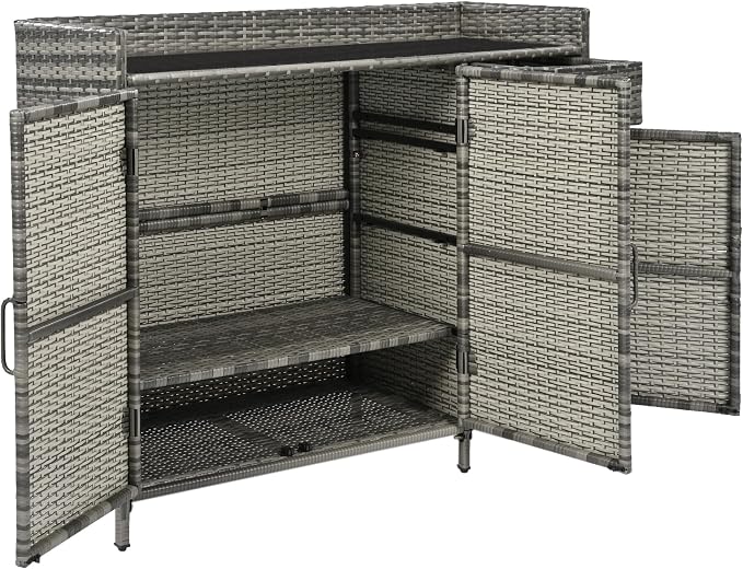 Merax Wicker Outdoor Bar Cabinet - PE Rattan Patio Bar Table w/Tempered Glass Desktop, Drawers & 3 Doors, Buffet Sideboard Organizer for Garden Backyard Pool, Outside Storage Cabinet,Grey