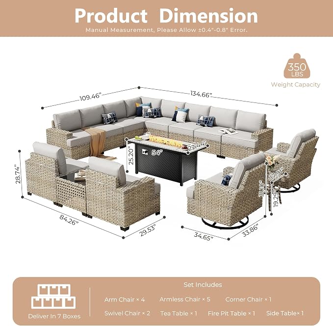 HOOOWOOO Sectional Patio Furniture Set with Fire Pit Table,15 Pieces Wicker Outdoor Furniture L Shaped Couch,Outside Conversation Set Extra Deep Seat Sofa Wide Arm Swivel Chairs Solar Light,Gray