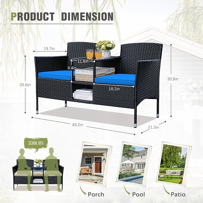 Greesum Patio Loveseat Outdoor Wicker Furniture Conversation Set with Soft Cushions & Built-in Coffee Table for Lawn Garden Backyard, Blue