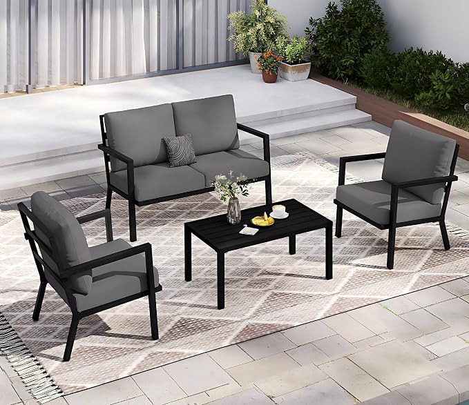 HAPPATIO Aluminum Patio Furniture Set, 4 Pieces Conversation Set with Thick Cushions and Coffee Table, All Weather Loveseat Waterproof and Rustproof for Garden, Backyard, Porch, Black