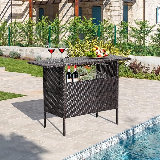 Tangkula Outdoor Wicker Bar Table, Patiojoy All Weather Patio Bar Height Table with 2 Metal Mesh Shelves & 2-Rail Steel Stemware Racks, Rattan Bar Counter Table for Backyard, Poolside (Mix Brown)