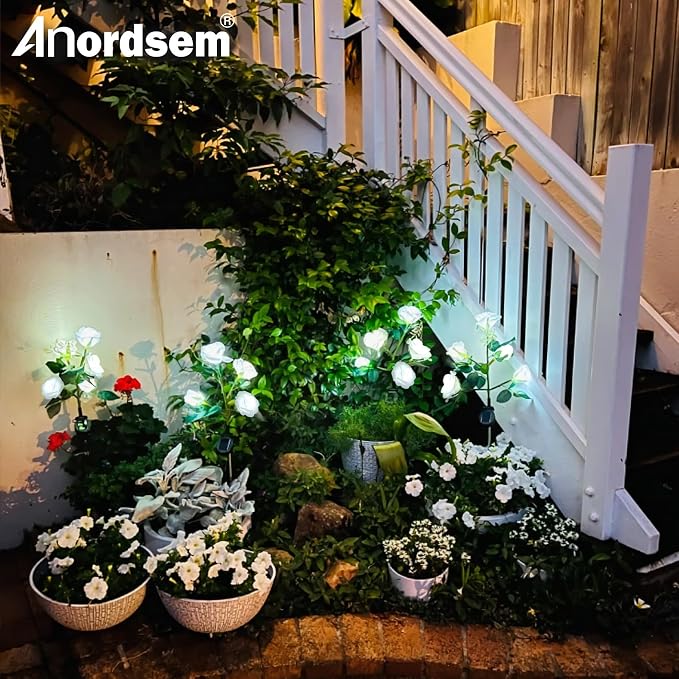 Anordsem Solar Garden Lights Outdoor: 10 Waterproof Fabric Roses 2 Pack - White LED Flower Decorations for Yard Patio Path Cemetery Grave - Mother’s Day Gift for Her Women Mom Wife