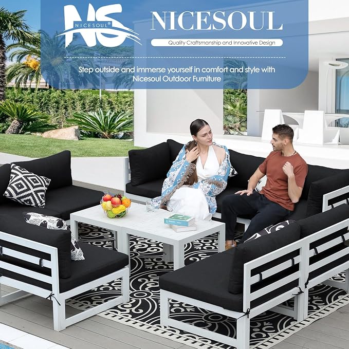 NICESOUL 10 Piece Modern Aluminum Patio Furniture Set, 500 lbs Heavy Duty Durable Outdoor Sectional Sofa, 29" Deep Wide Oversized Seating, L Shaped Comfortable Conversation Couch for Yard Deck, Black