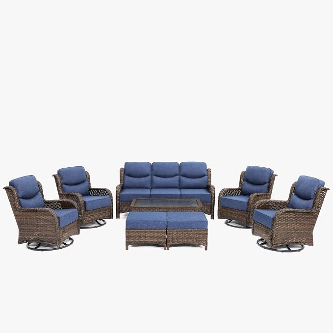 HILLGA Luxury High Back Patio Furniture Set with 6-Inch Thick Cushion, 8-Piece Outdoor Conversation Set with Sofa, Swivel Rocker Chairs & Ottomans, Ideal for Porch Pool Deck Yard (Blue)