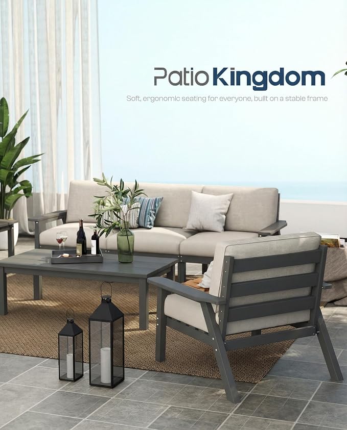 Patio Furniture Set with Washable Thick Beige Cushions, HDPE Outdoor Couch, All-Weather Outdoor Sectional Furniture, Patio Conversation Sets for Lawn, Garden, Porch (Grey Frame)