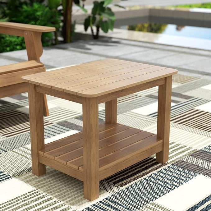 WestinTrends Tuscany Outdoor Side Table, All Weather HIPS 2 Tier Adirondack Small Patio Table with Storage, Teak