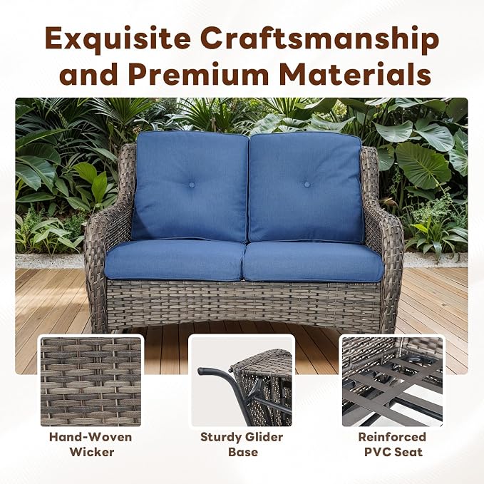 Belord 5 Piece Outdoor Wicker Furniture, Patio Swivel Rocking Chairs with Loveseat and 3 Seat Sofa,All Weather Patio Conversation Furniture Set, for Backyard Poolside Gray Wicker/Blue