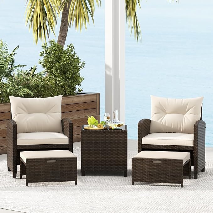ORALNER 5 Pieces Patio Furniture Set with Ottoman, Wicker Conversation Set w/Cushions, Glass Coffee Table, Outdoor Rattan Lounger Chairs Bistro Set for Porch Balcony Garden Deck Poolside (Cream White)