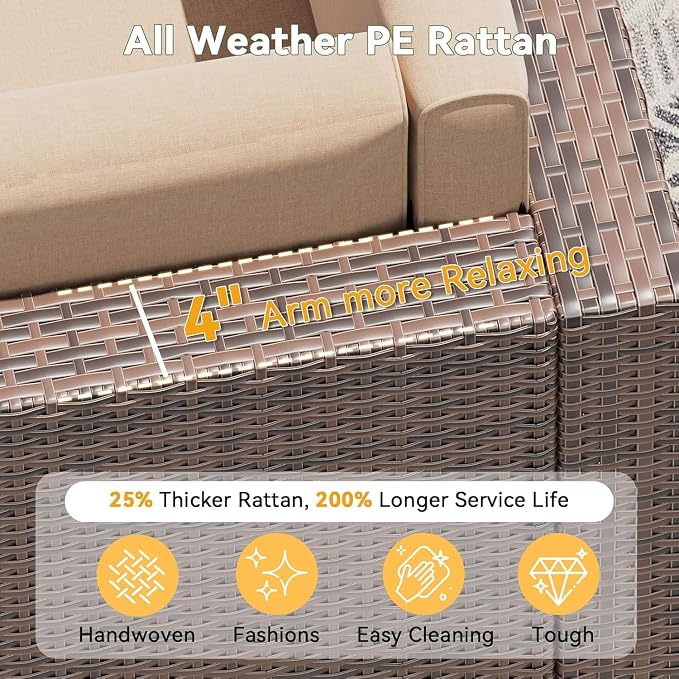 Aoxun 8 Piece Patio Furniture Set, Wicker Rattan Outdoor Furniture Set with Storage Box and Glass Top Table, Patio Sectional Set with Thick Cushions, Beige