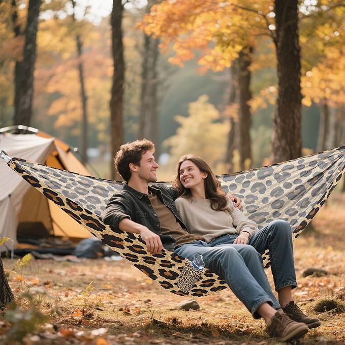 Brown Leopard Print Camping Hammock, Portable Lightweight Single Hammock with Tree Straps and Aluminum Carabiners, 114" x 54" Travel Hammock for Hiking Backpacking Beach