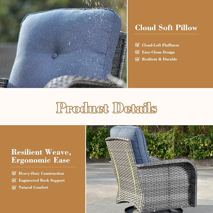 7 Pieces Patio Conversation Sets,Patio Furniture Set with Swivel Rocking Chairs,Coffee Table, Side Table, All Weather Rattan Wicker Outdoor Sectional Furniture Set for Porch Balcony Backyard Blue