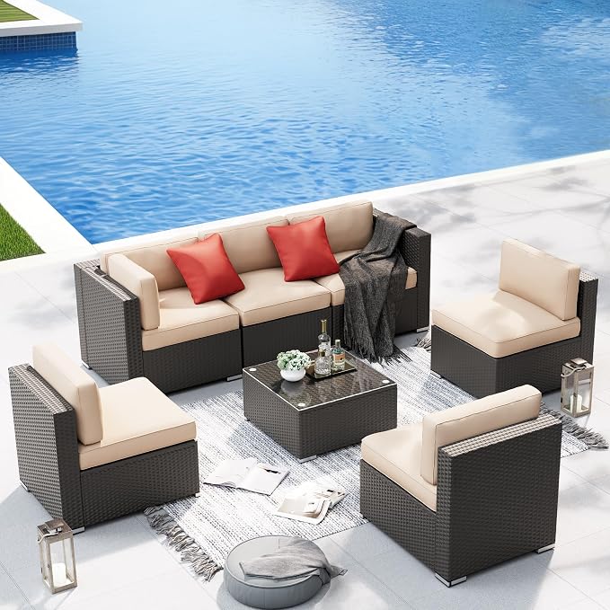 Betterland 7 Piece Outdoor Sectional Sofa Patio Furniture Set, All-Weather PE Rattan Wicker Patio Conversation Set with Washable Cushion, Glass Table and Waterproof Cover(Beige)