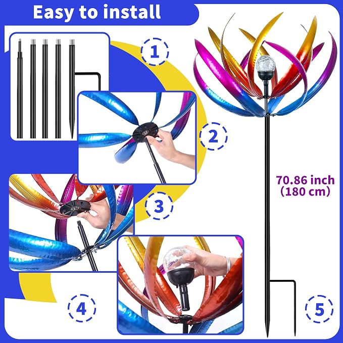 70 in Large Wind Spinners Outdoor, Solar Wind Sculpture, Purple | Metal Windmill with Solar Multi-Color Light, All Weather Decor , Ideal Yard Art for Garden, Backyard, Lawn & Outdoor Decor