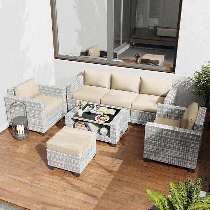 KIGOTY Patio Furniture Set 7 PCS Patio Conversation Sets, All-Weather PE Rattan Outdoor Sectional Sofa with Cushion and 2- Tier Glass Coffee Table(Grey White/Grey)
