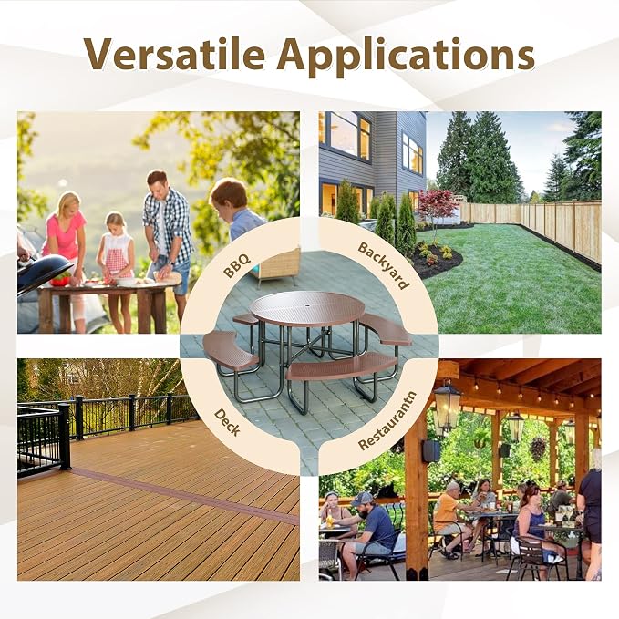 46'' Round Outdoor Metal Picnic Table Expanded,Lifetime Steel Picnic Table with Umbrella Hole,Heavy Duty Sturdy Commercial for Patio, Backyard, Garden, DIY (Includes 4 Built-in Benches),Coffee