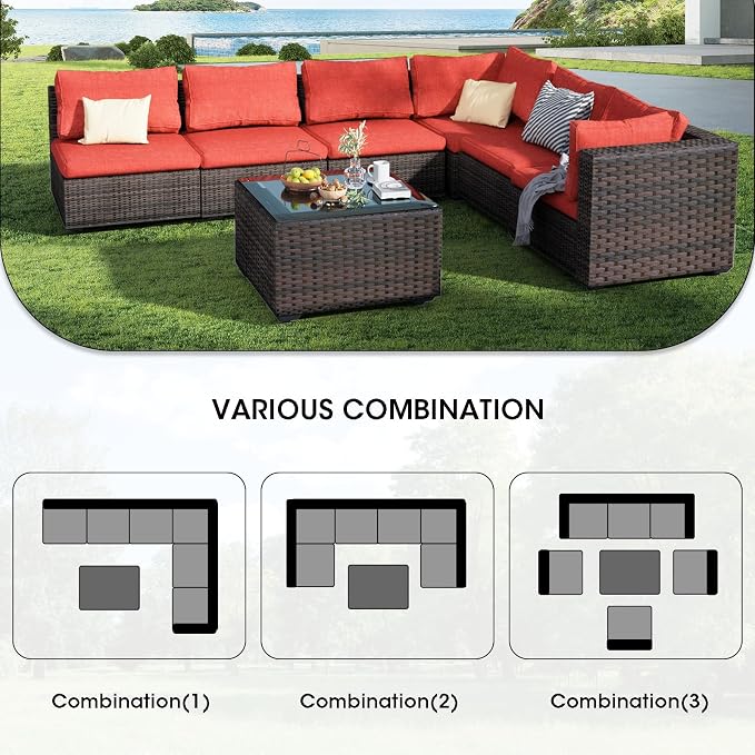7 Pieces Patio Furniture Set, Rattan Outdoor Sectional Conversation Sets, All Weather Outdoor Furniture Set with Cushions for Garden Lawn Balcony Porch Deck Red