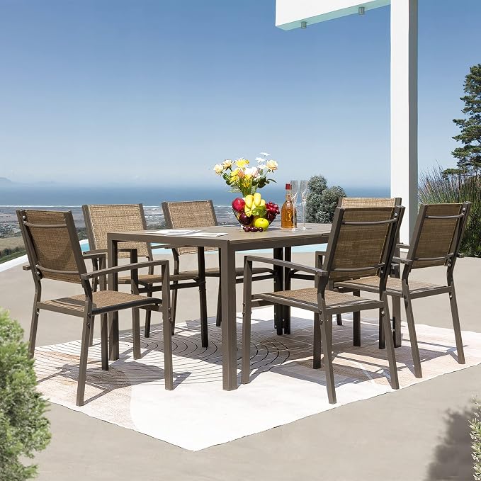 Rankok 7 Piece Patio Dining Set Outdoor Furniture Set with Weather Resistant Table and 6 Stackable Textilene Chairs for Garden, Yard, Garden and Poolside (Brown)