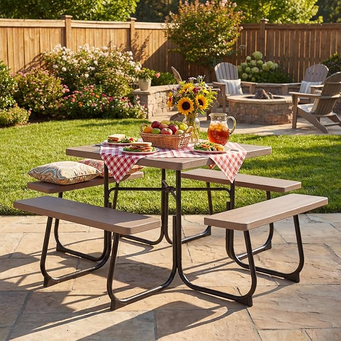 Tangkula 8 Person Picnic Table, Outdoor Square Picnic Table with 4 Built-in Benches, Umbrella Hole, Metal Frame & HDPE Tabletop, Outside Table and Bench Set for Backyard, 2300lbs Weight Capacity
