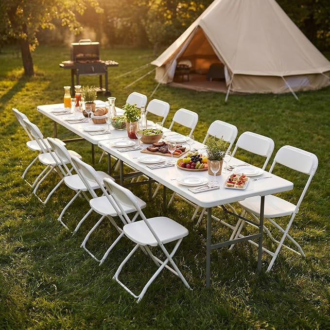 Sweetcrispy 4 FT Folding Picnic Table 2 Pack, Easy to Fold and Store, Foldable Table for Camping Picnic Dining Party Kitchen Outdoor Indoor with Carrying Handle