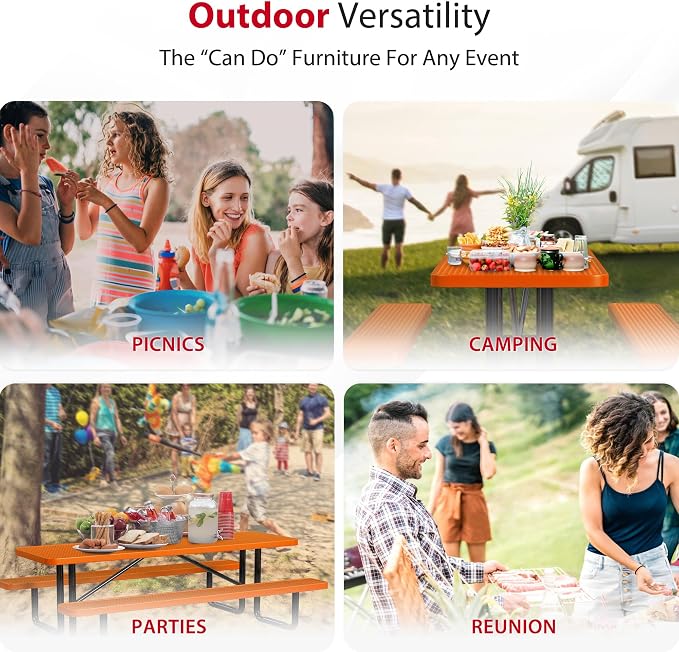 Leisure Craft Metal Picnic Table with Bench - 8 ft Rectangle Outdoor Dining Table for 8, Umbrella Hole, Weatherproof Heavy Duty Thermoplastic Coating, Commercial Grade Furniture Made in USA - Orange