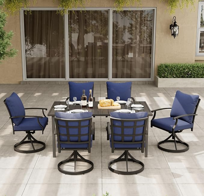 HAPPATIO 7-Piece Patio Dining Set, Outdoor Dining Set with Powder-Coated Metal,Dining Table with Umbrella Hole, 6 Swivel Chairs with Removable Cushions for Porch Poolside Garden,Navy Blue