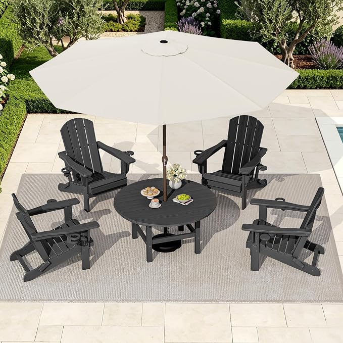 SERWALL 35.5'' Round Outdoor Table with Umbrella Hole, HDPE Weatherproof Coffee Table, Grey