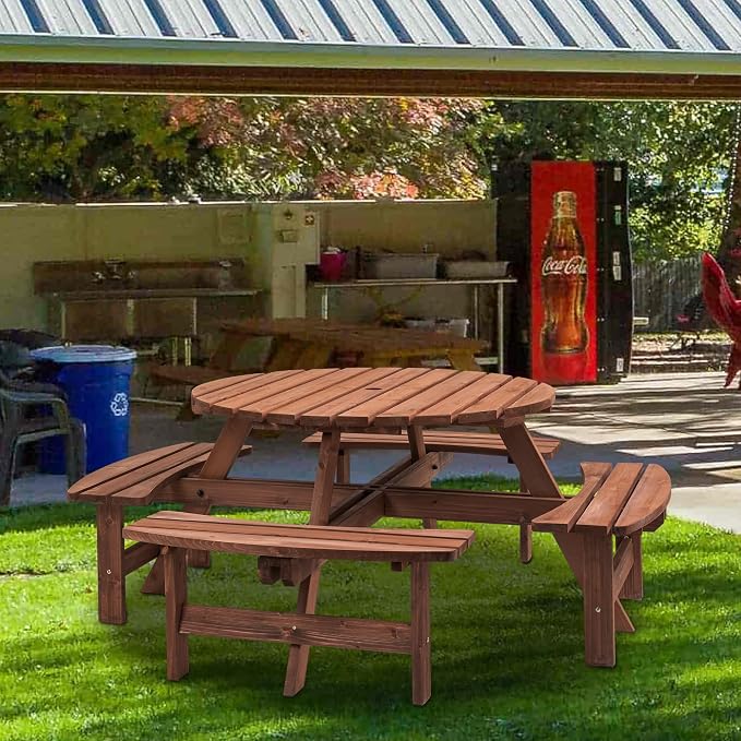 Thanaddo 8-Person Outdoor Circular Wooden Picnic Table, Camping Dining Table w/ 4 Built-in Benches, Outside Table Set with Umbrella Hole, 2220lb Capacity for Garden Patio Backyard - Brown