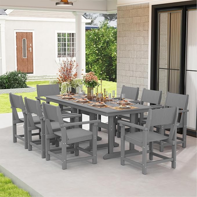 9-Piece Outdoor Dining Set, HDPE Weatherproof Patio Table and Chairs Set for 8, Outdoor Patio Furniture Sets with Umbrella Hole for Outside, Deck, Backyard, Garden (Grey)