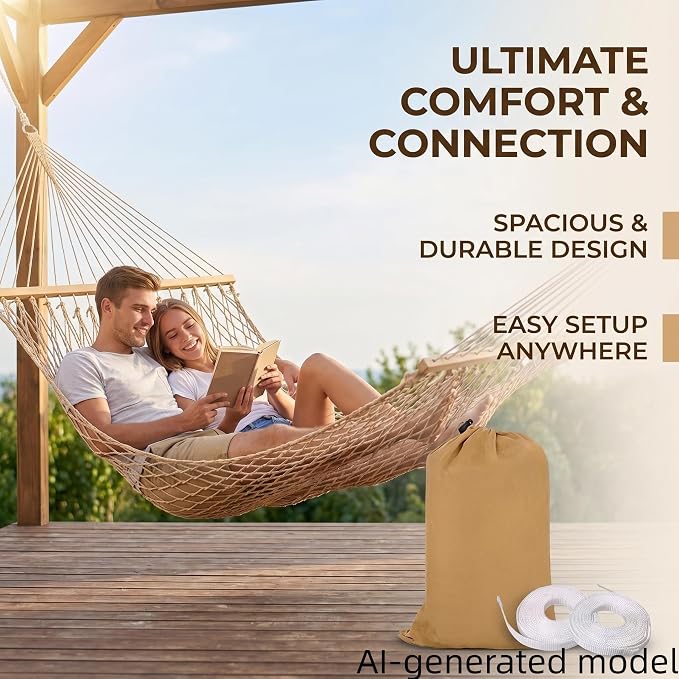 Portable Camping Hammock 79"x32" Anti-Rollover Mesh Hammock with Wooden Spreader Bar, Lightweight Hanging Hammock for Backyard Patio Travel Indoor Outdoor, White/Brown/Army Green