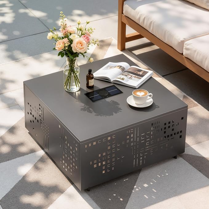 27" Outdoor Coffee Table with Solar Ambient Light & Umbrella Hole, All-Weather Rust-Resistant Metal Patio Table for Backyard Gatherings, Poolside, Small Balconies & Outdoor Living Spaces, Dark Grey