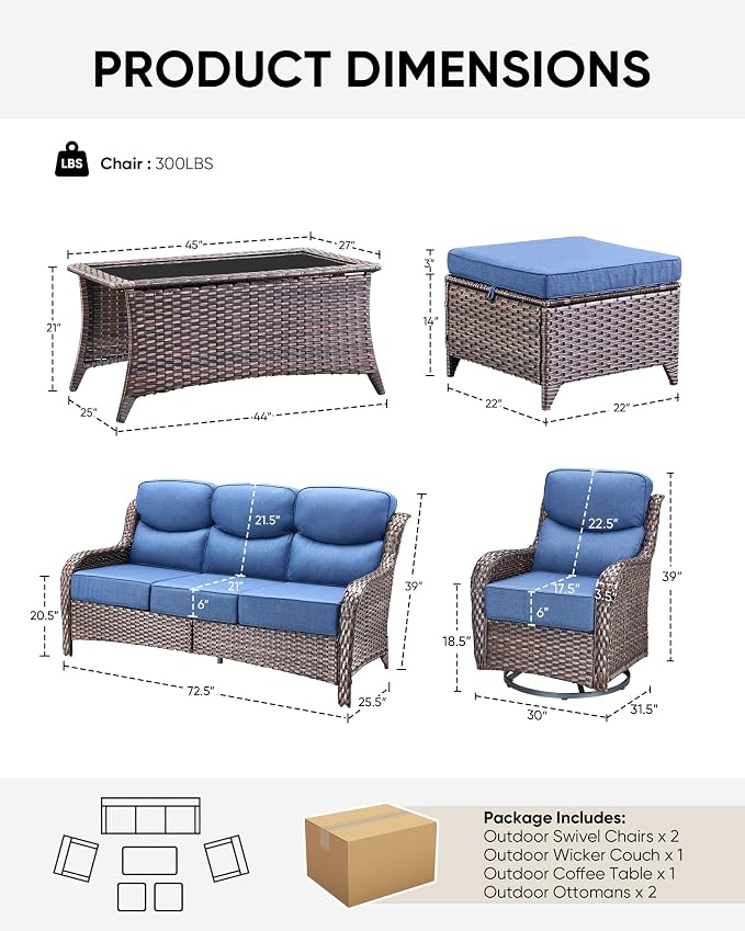 HUMMUH Wicker Patio Furniture Set 6 Inch Thick Cushion Outdoor Swivel Rocker Patio Chairs with Deep Seat Sofa 6PCS Outdoor Furniture Set for Porch Garden Deck