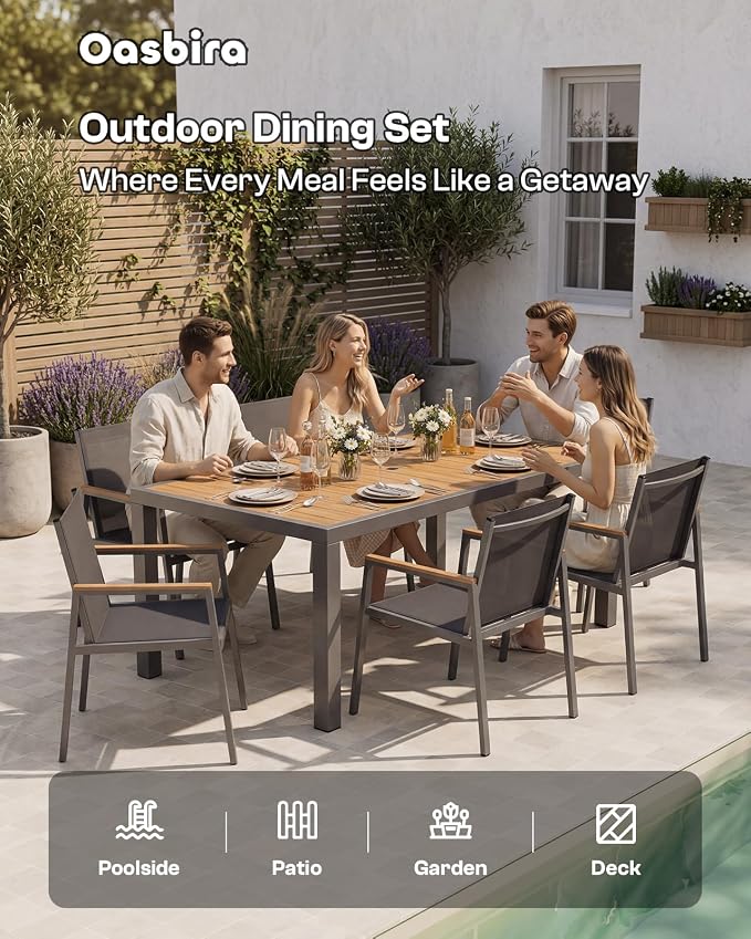 Outdoor Dining Table, Aluminum Patio Table Set, All Weather Patio Dining Furniture Set with Umbrella Hole for Backyard, Deck, Poolside (Gray-Teak)
