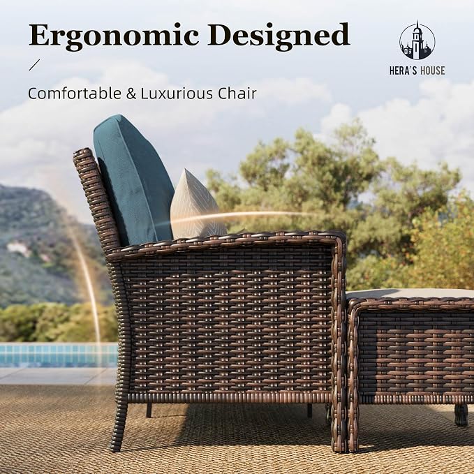 HERA'S HOUSE Patio Furniture Set, High Back Swivel Outdoor Chair with 5.5" Thick Cushions, Oversized Deep Seating Wicker Conversation Set for Lawn Backyard Deck, Navy Blue