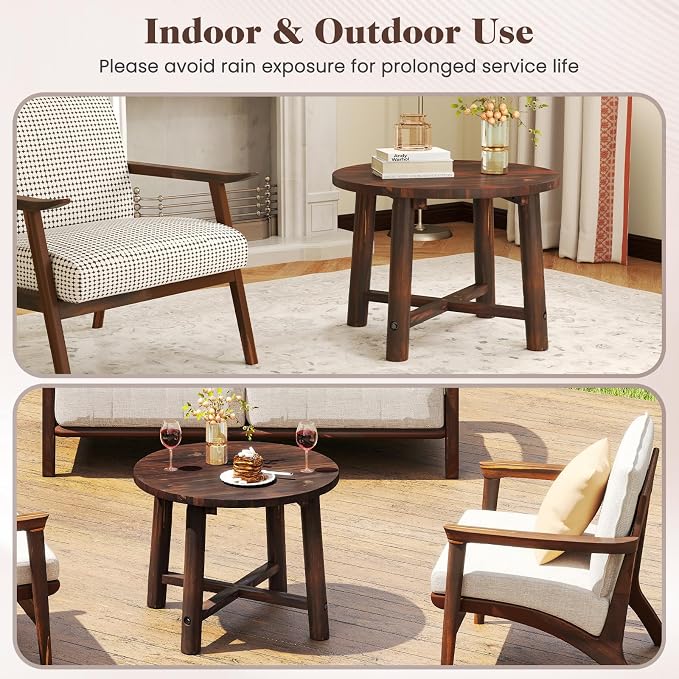 Tangkula Outdoor Side Table, Patio End Table with Solid Wood Structure, Small Round Coffee Table for Garden, Deck, Poolside & Indoors (1, Brown)