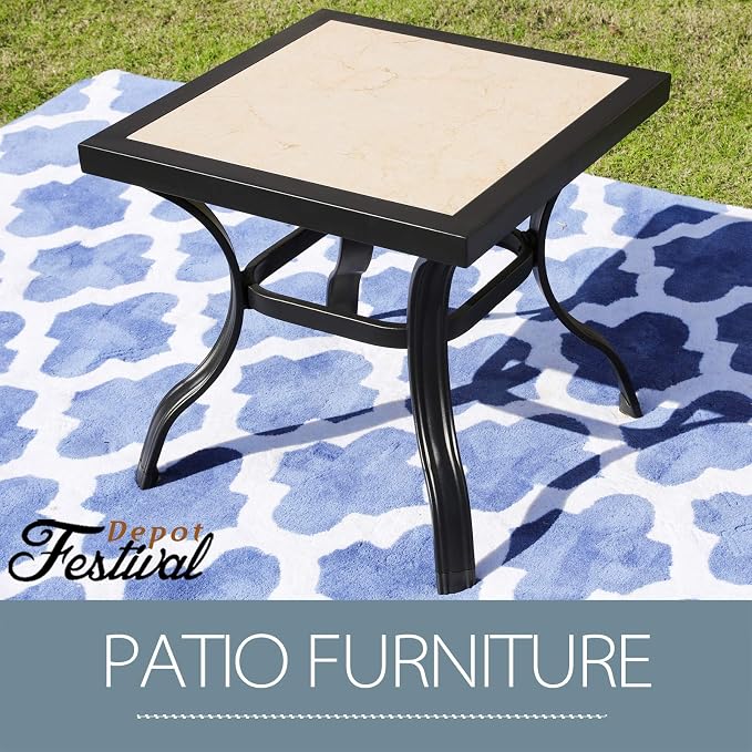 Festival Depot 21" Metal Outdoor Side Table Patio Bistro Square Dining Table Ceramics Top with Steel Legs (20.9"x 20.9"x 19.7"H)