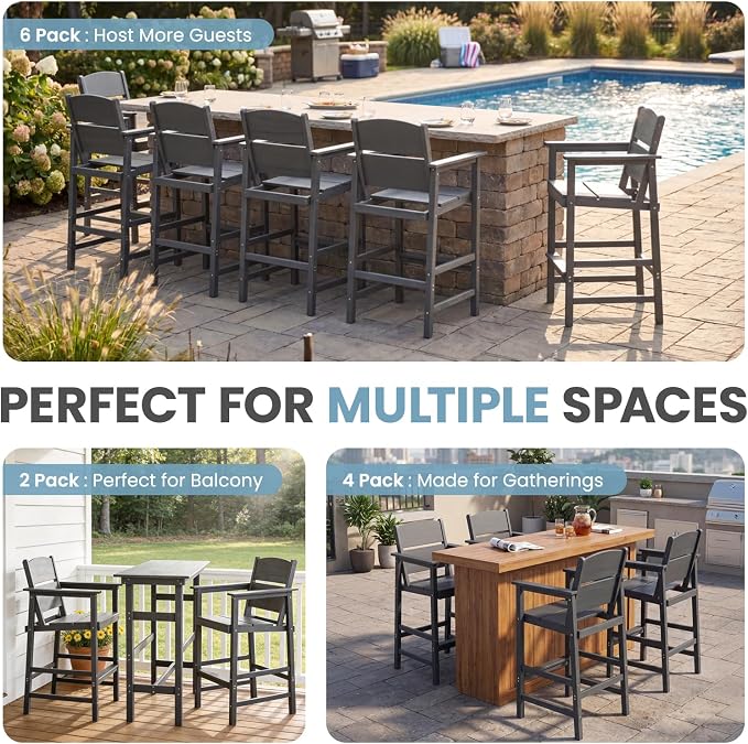 4 Pack HDPE Outdoor Bar Height Chairs, 28.5" All-Weather Patio Stools with Comfortable Armrests, Heavy-Duty Poly Wood High Top Seating for Outdoor Kitchen/Garden/Fire Pit/Backyard, Grey