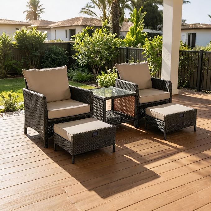 5 Piece PE Wicker Patio Furniture Set, Outdoor Conversation Chairs with Pull Out Hidden Ottoman, Soft Cushions & Glass Coffee Table, Wicker Bistro Set for Porch, Garden, Balcony, Poolside (Brown)
