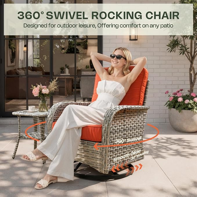 8 Pieces Patio Furniture Set, Outdoor Conversation Set with 360° Swivel Rocker Chairs, Wicker Sectional Sofa & Solar Powered Lighted Table, High Back Outdoor Furniture for Backyard Porch, Orange
