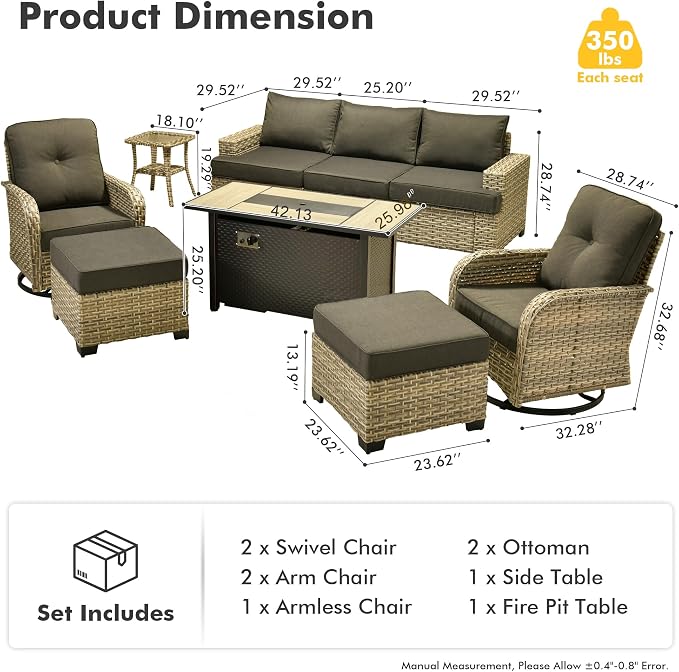 HOOOWOOO Sectional Patio Furniture Set with Fire Pit Table,9 Pieces Wicker Outdoor Furniture Couch,Outside Conversation Set Extra Deep Seat Sofa Wide Rocking Chairs Ottomans Arm Solar Table,Black