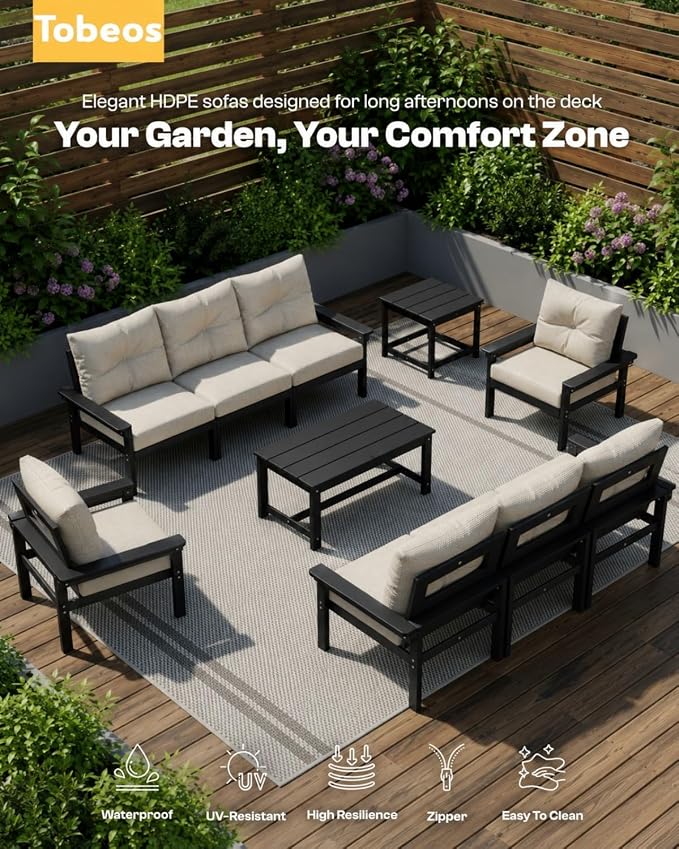 HDPE 7 Piece Patio Furniture Set, All-Weather Outdoor Couch Set with Thick Cushions & Coffee Table & Side Table, Patio Conversation Sets for Lawn, Garden, Porch, Balcony, Deck, Black & Beige
