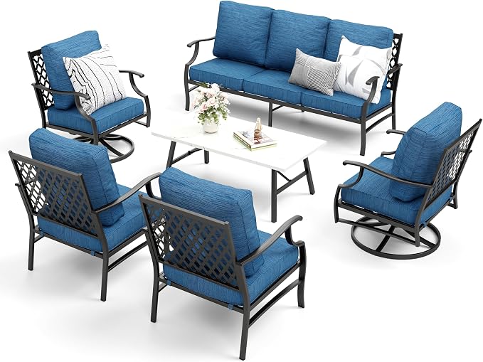 MIXPATIO Patio Furniture Set 6 pcs, Outdoor Patio Furniture, 1 X 3-Seat Sofa, 2 X Single Chairs, 2 X Swivel Chairs, 1 X Coffee Table and 5.75" Extra Thick Cushion, Patio Conversation Set,Gemstone Blue