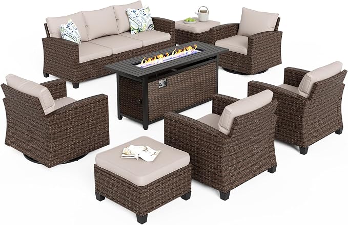 MIXPATIO Swivel Glider Patio Furniture Set, 8 Pcs Wicker Outdoor Conversation Set, 2 x Swivel Chairs, 2 x Leg Chairs, 1 x 3 Seater Sofa and 2 x Ottomans and 56" Fire Pit Table, Beige