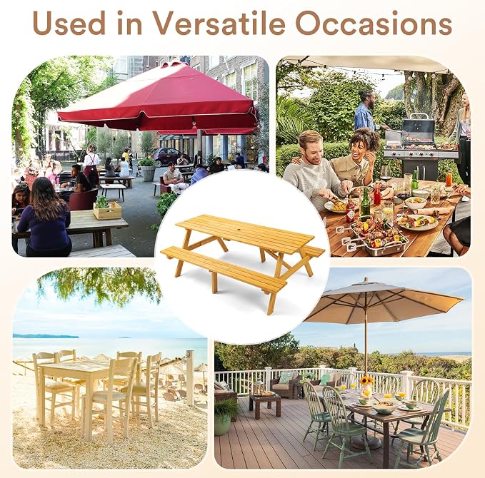 Zevemomo 8 Person Wood Picnic Table, Rectangle Tabletop with Umbrella Hole, 2 Built-in Long Benches, 2220LBS Total Capacity for Gardens, Yards, Pale Wood