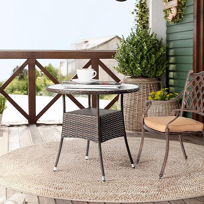 Outvita 31.5" Patio Rattan Dining Table, Frosted Glass Tabletop, Waterproof & Rustproof, Double-Layer Storage, Adjustable Feet, Elegant Brown Outdoor Table, Fits 4-Person Dining
